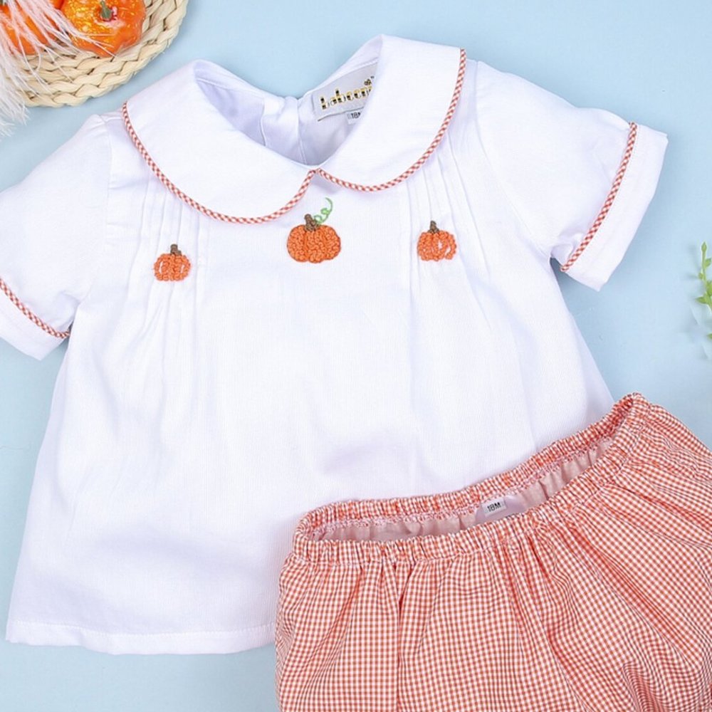 EUC Bambini Peter Pan Color Top with Pumpkins and Orange Check Bummies